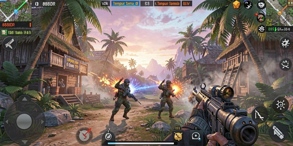 Screenshot utama 888IDR menampilkan aksi pertempuran seru di TPS.