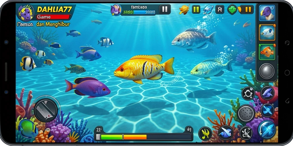 Screenshot gameplay DAHLIA77 menampilkan aksi seru menembak ikan.