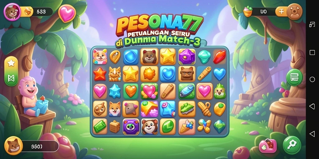 Screenshot PESONA77 menunjukkan gameplay Match-3 yang seru dan menantang.