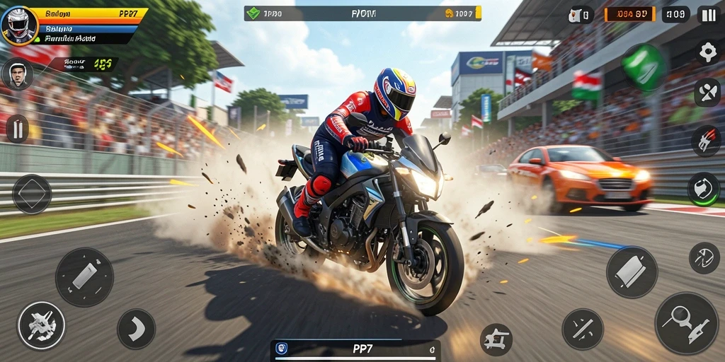 Screenshot PP7 menampilkan aksi balap motor yang mendebarkan di lintasan yang menantang.