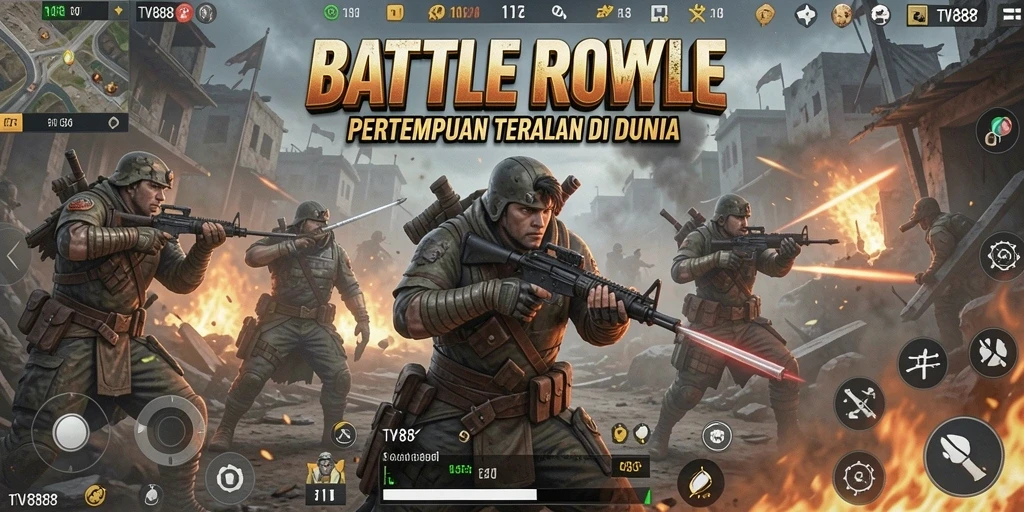 Gambaran tampilan pertempuran seru di TV888 dengan aksi Battle Royale.