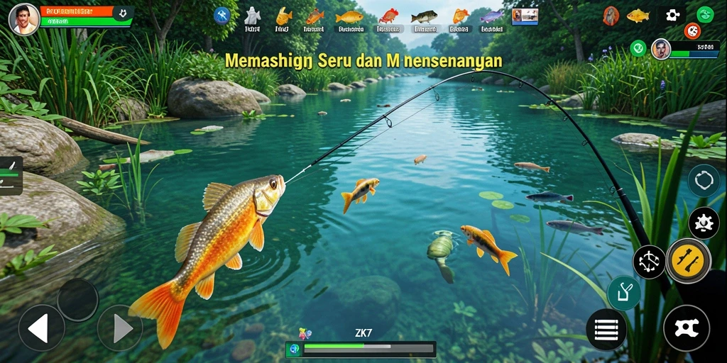 Tampilan gameplay seru dalam ZK7 saat memancing di alam terbuka.